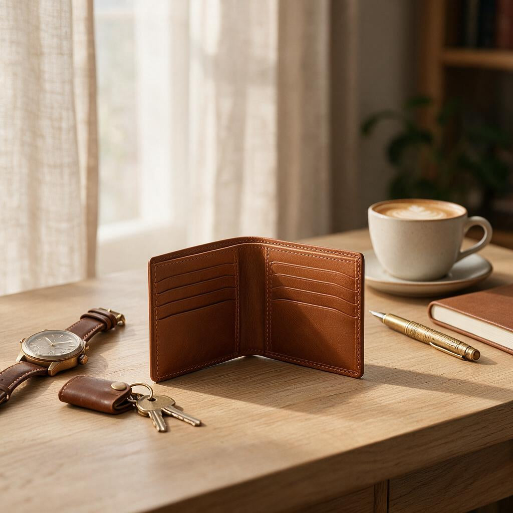 Saddle Tan Leather Bifold Wallet — lifestyle view