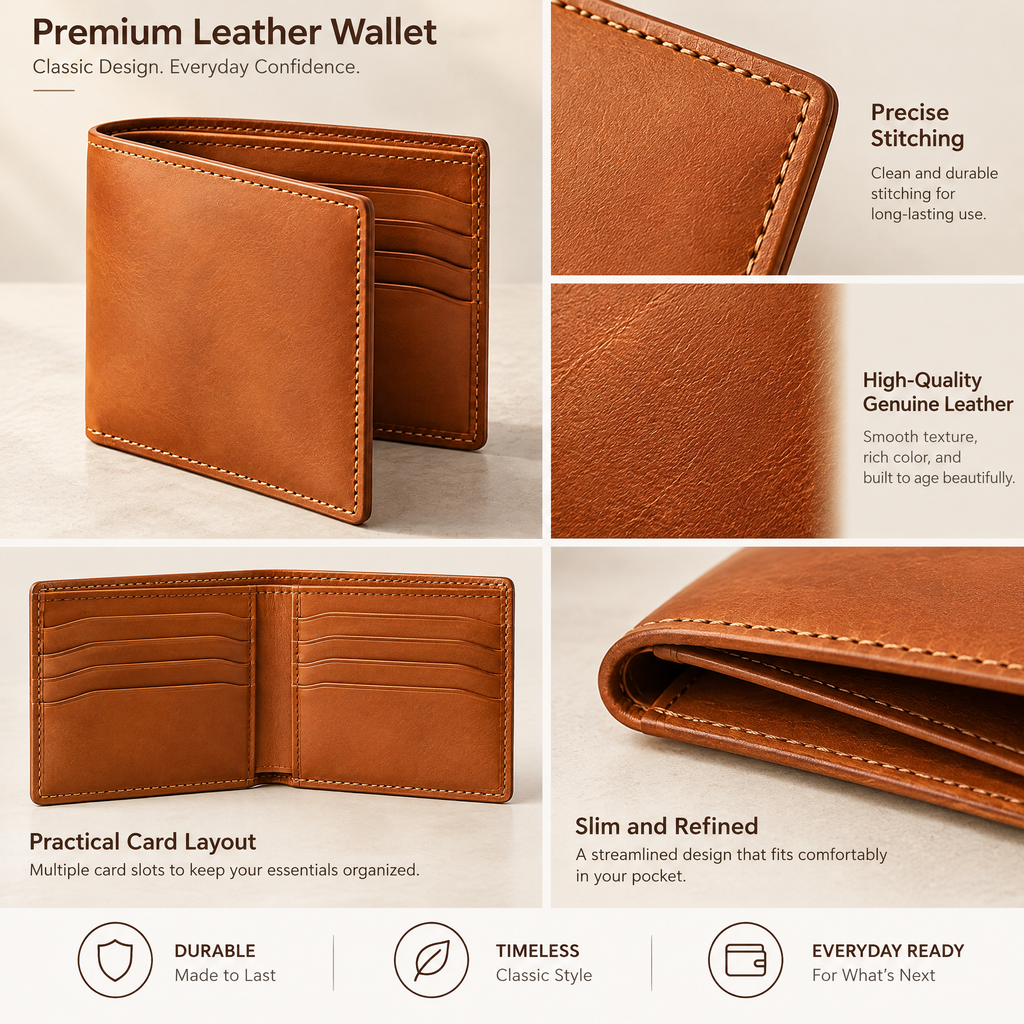 Saddle Tan Leather Bifold Wallet — design details