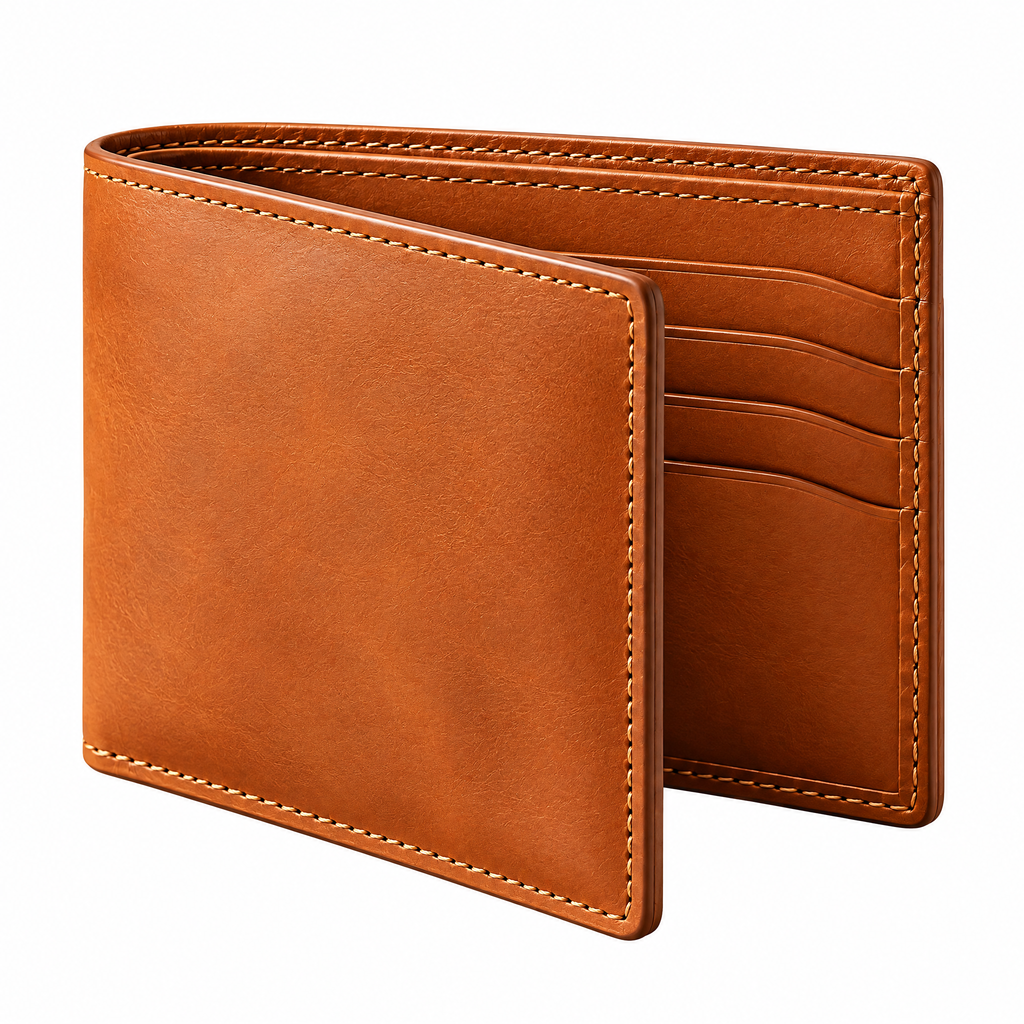 Saddle Tan Leather Bifold Wallet — studio view