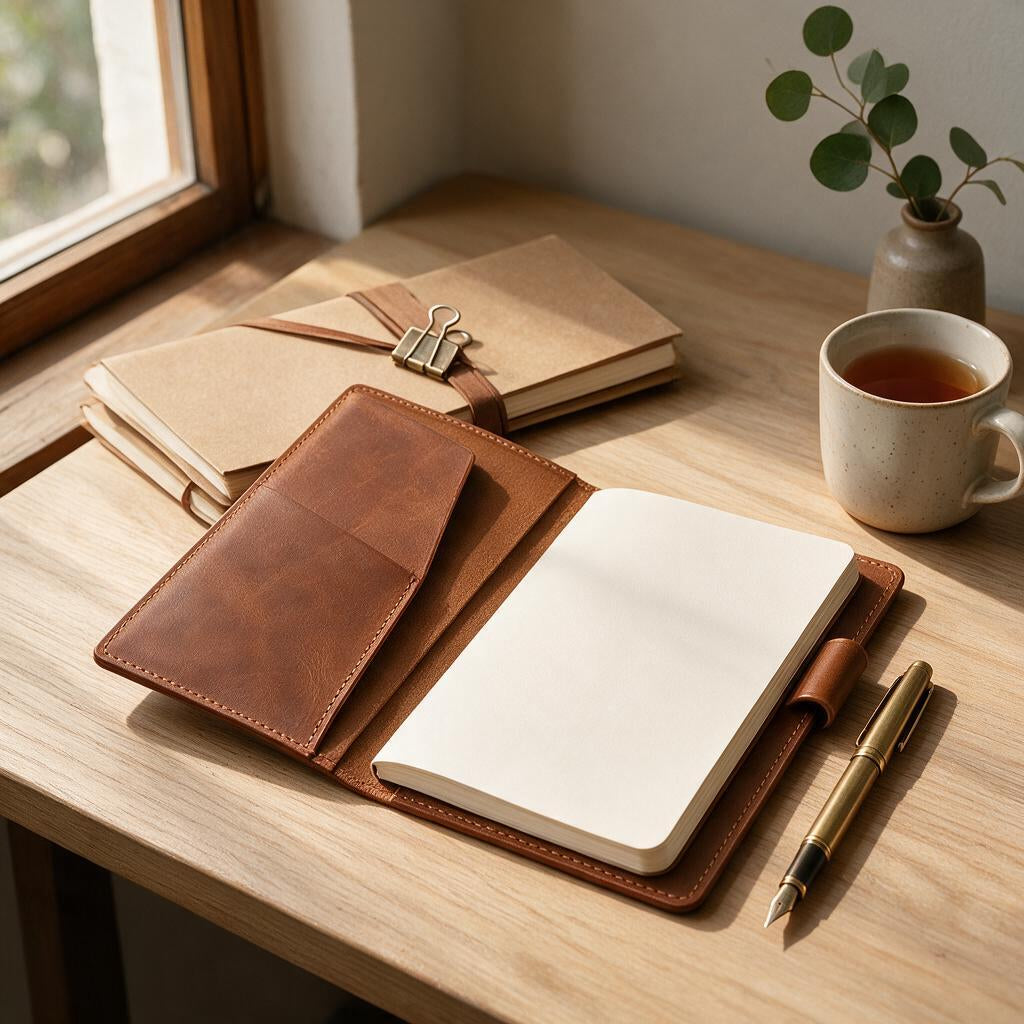 Saddle Brown Leather Notebook Cover — lifestyle view