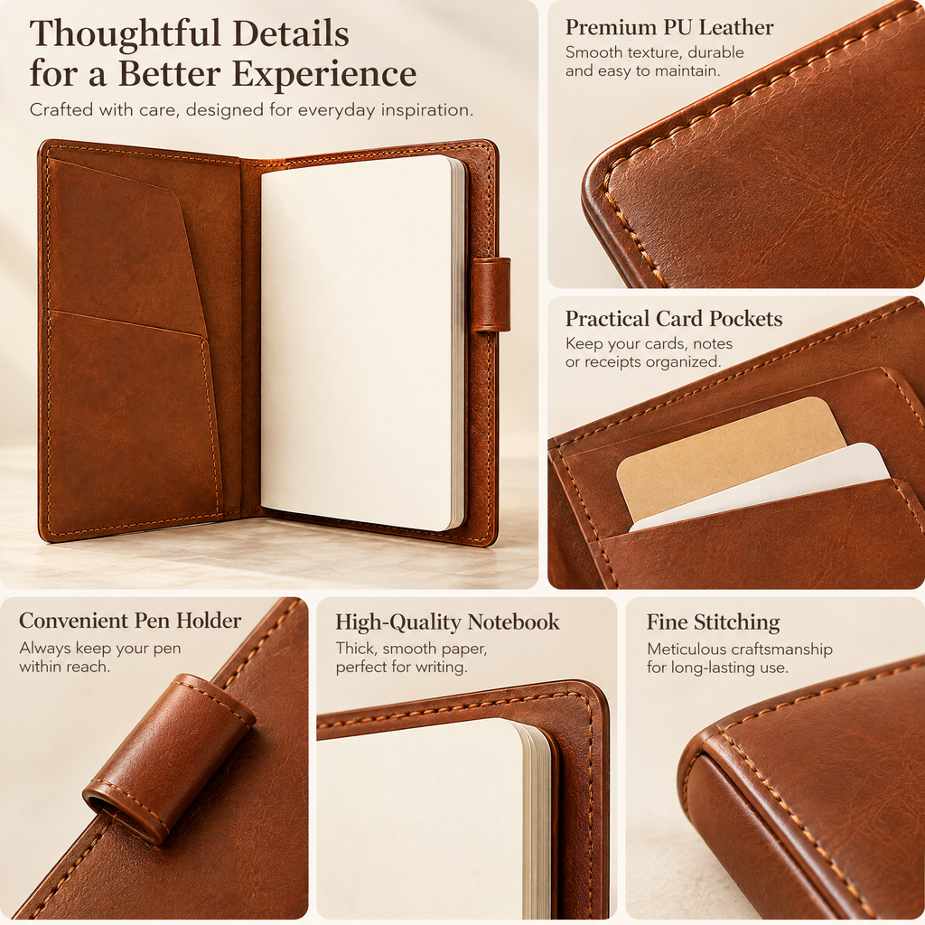 Saddle Brown Leather Notebook Cover — design details