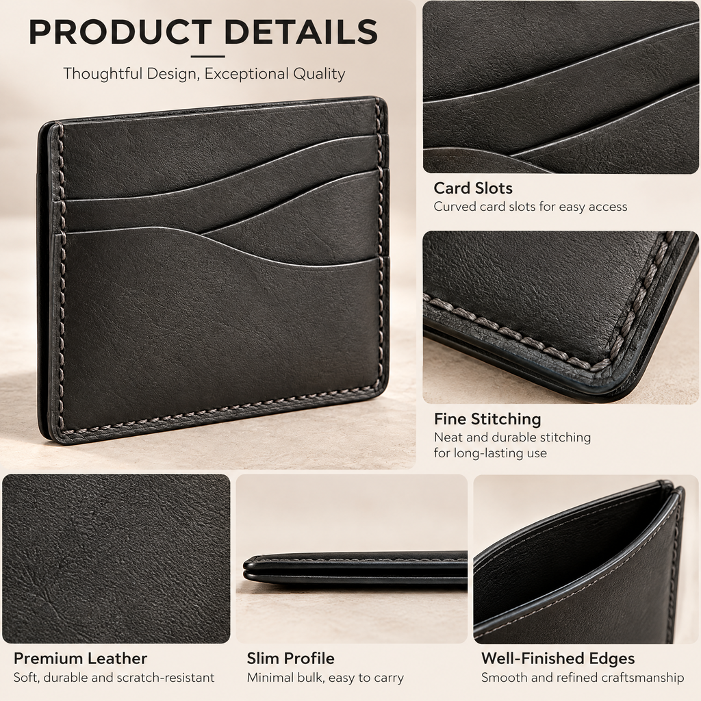 Charcoal Leather Slim Cardholder — design details