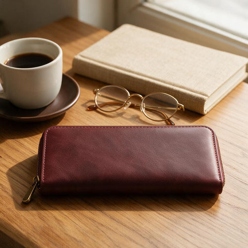 Burgundy Leather Zip-Around Wallet — lifestyle view