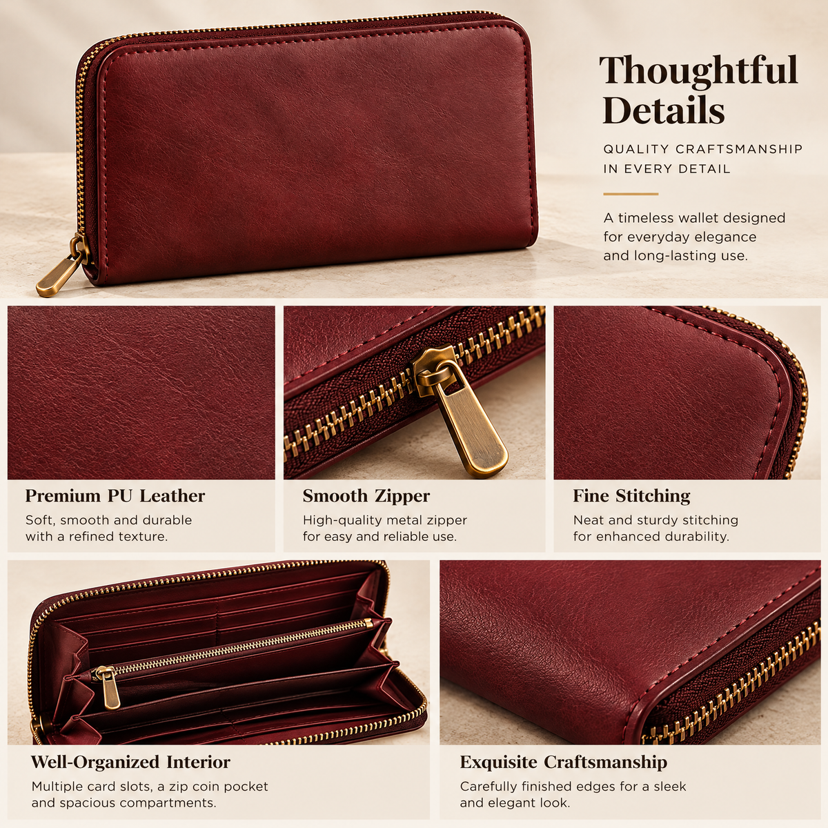 Burgundy Leather Zip-Around Wallet — design details