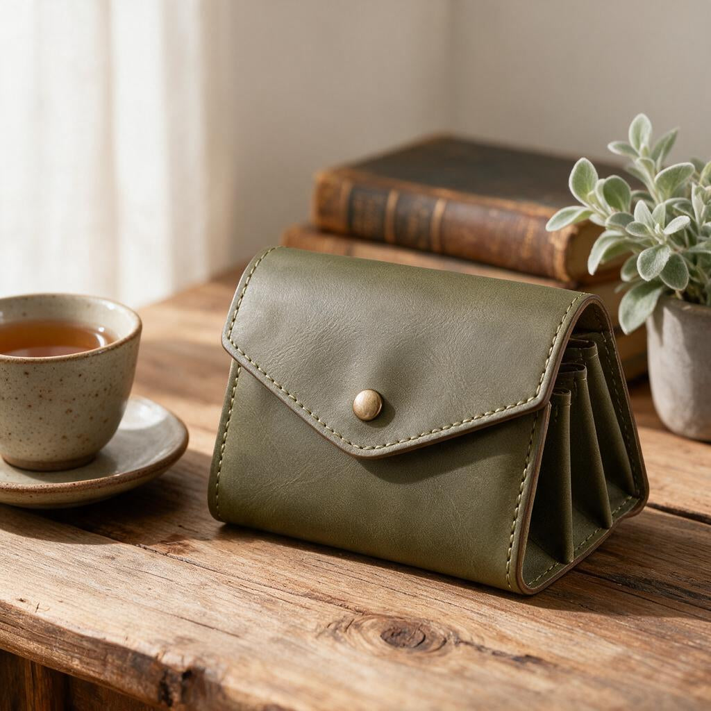 Olive Leather Accordion Coin Purse — lifestyle view