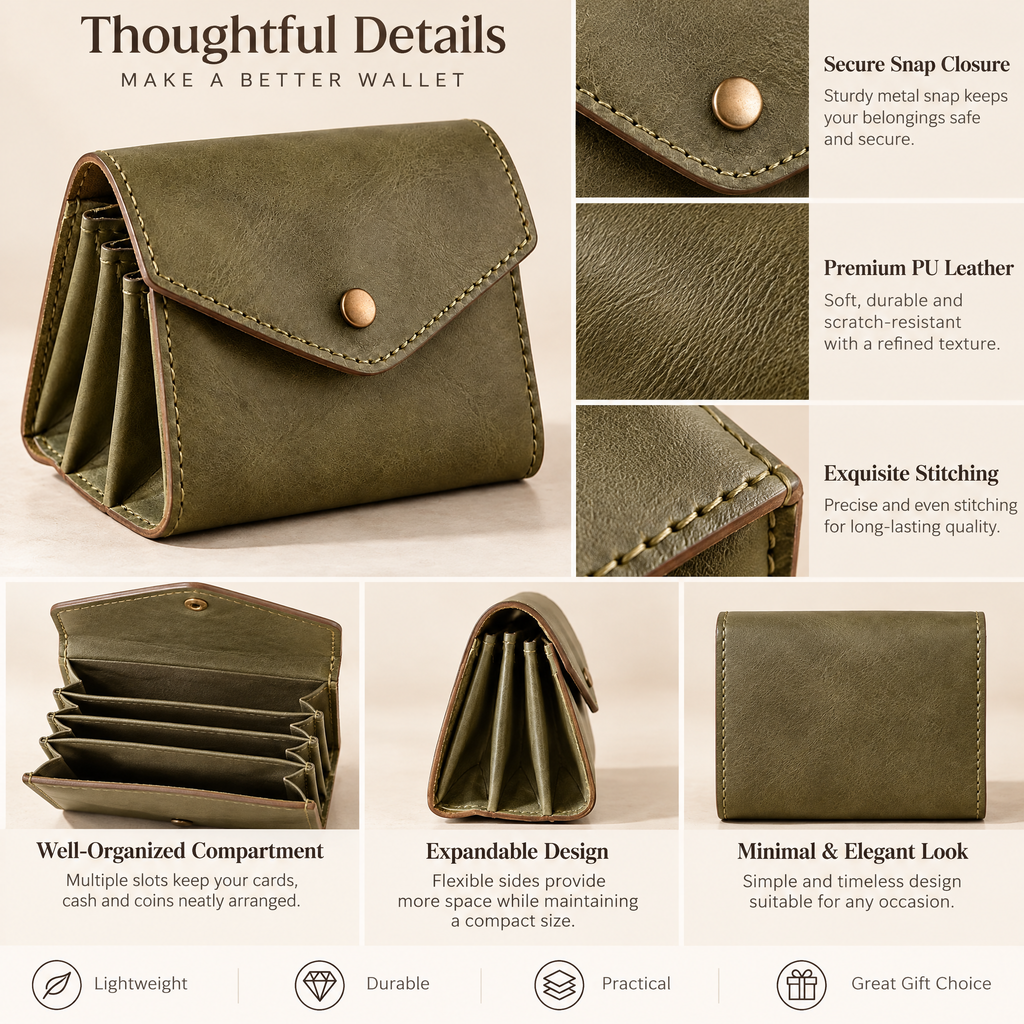 Olive Leather Accordion Coin Purse — design details