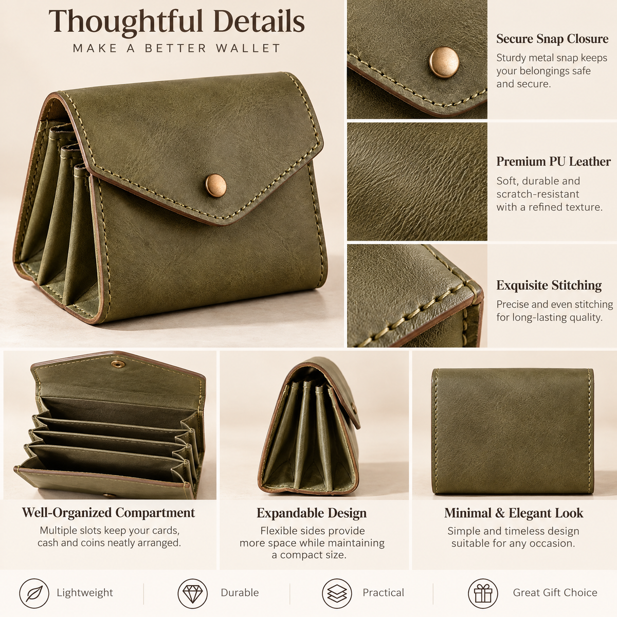Olive Leather Accordion Coin Purse — design details