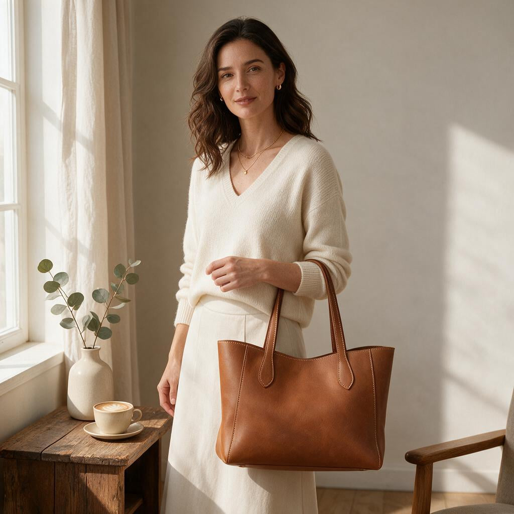 Cognac Leather Everyday Tote — lifestyle view