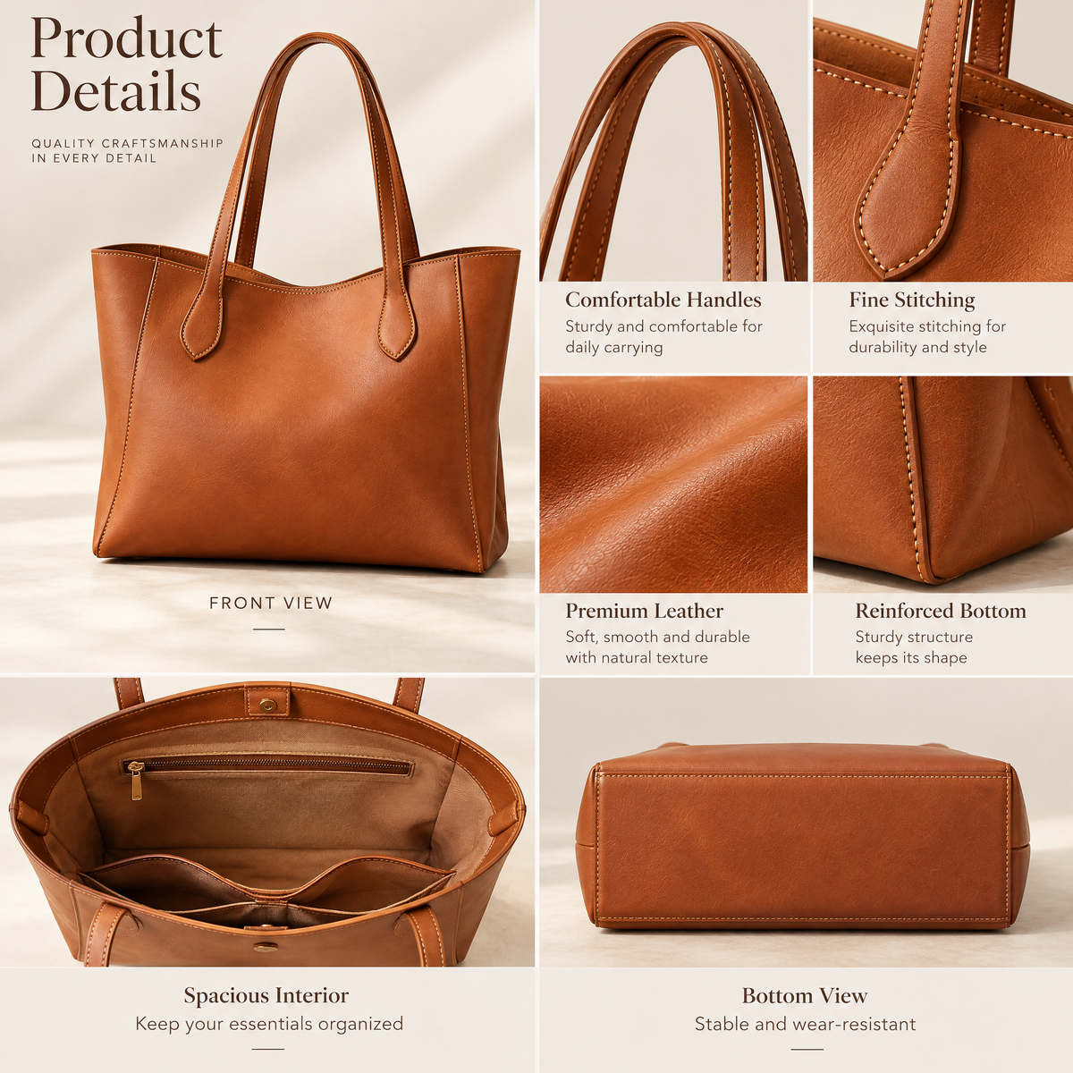 Cognac Leather Everyday Tote — design details