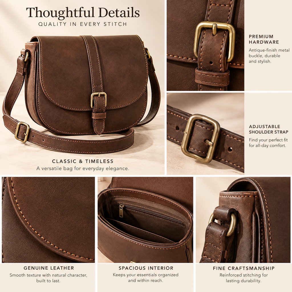 Espresso Leather Saddle Crossbody — design details