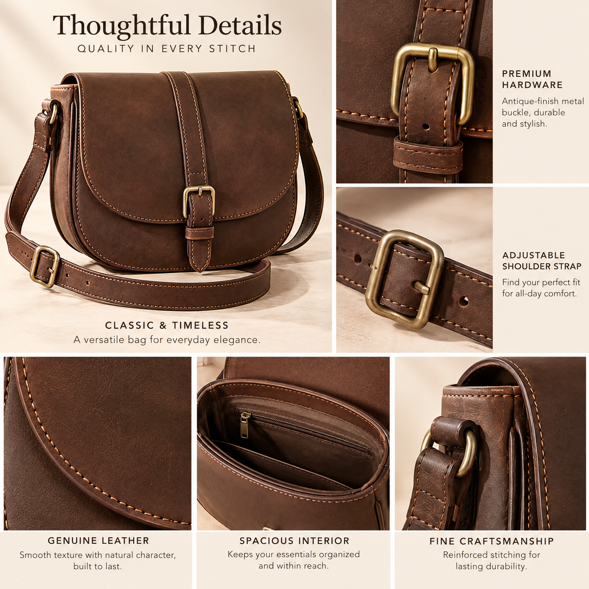Espresso Leather Saddle Crossbody — design details