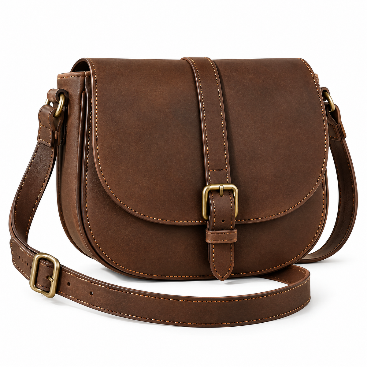 Espresso Leather Saddle Crossbody — studio view