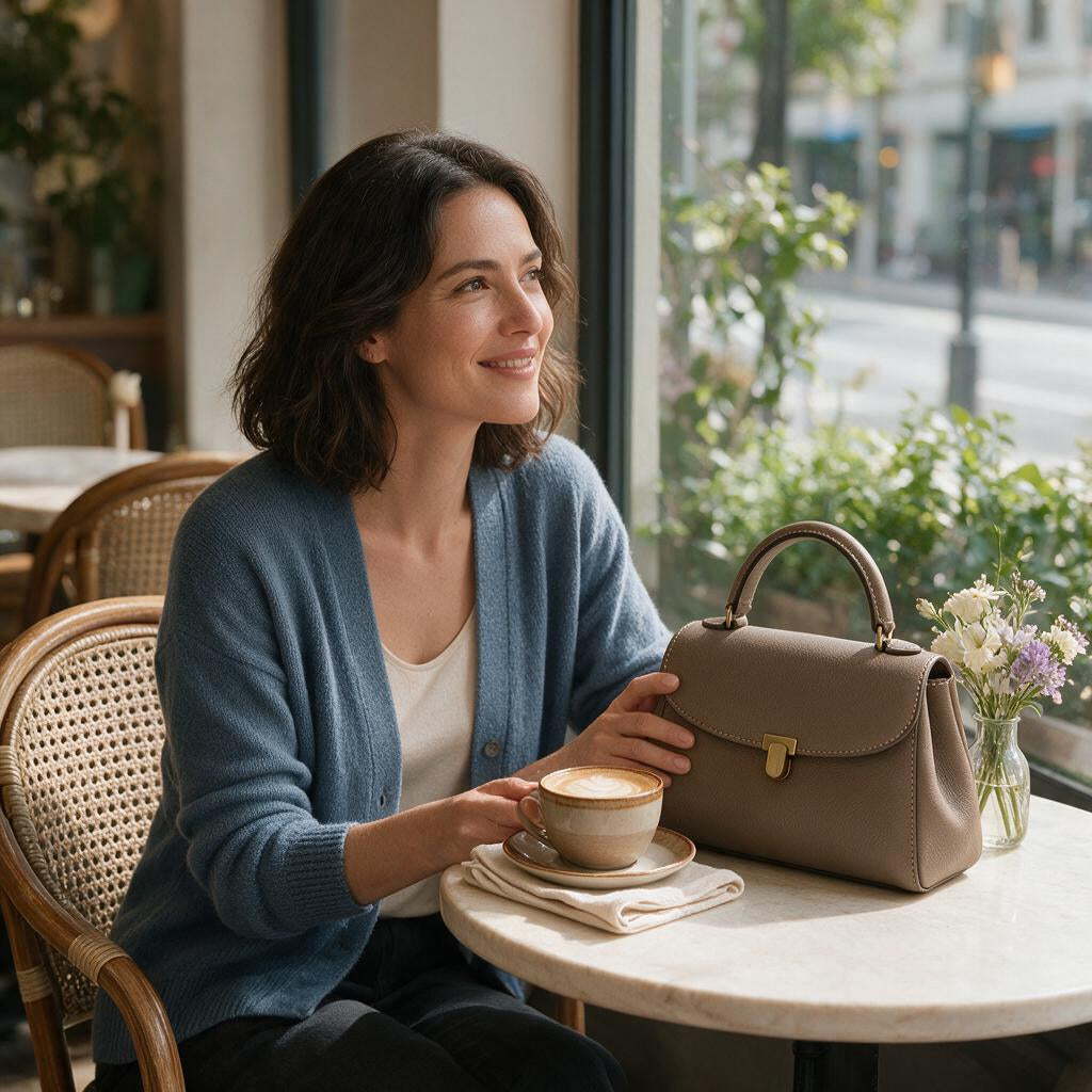 Taupe Leather Top-Handle Satchel — lifestyle view