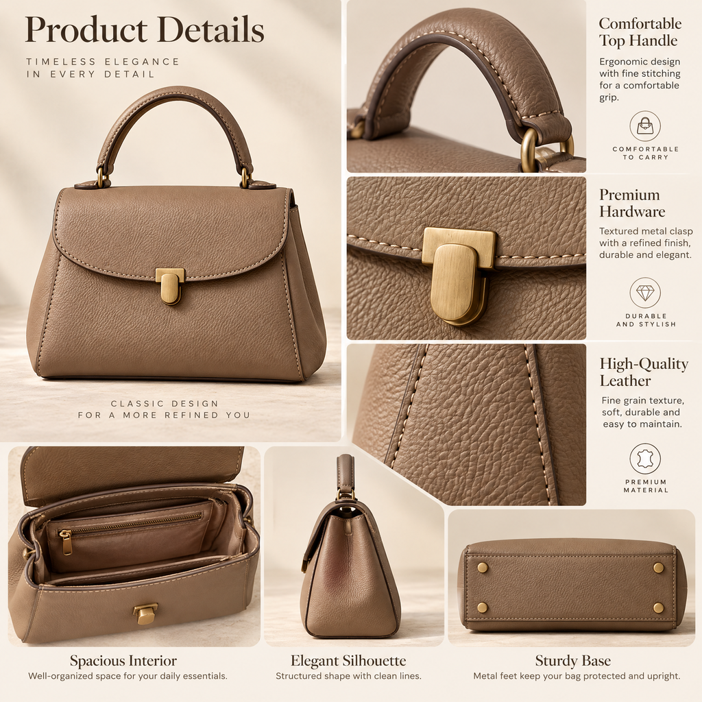 Taupe Leather Top-Handle Satchel — design details