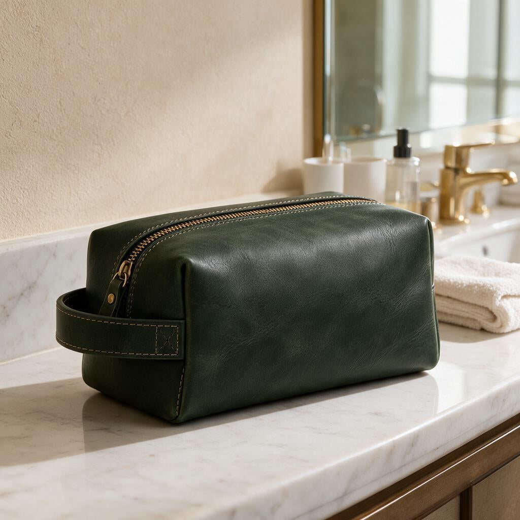 Forest Green Leather Toiletry Bag — lifestyle view