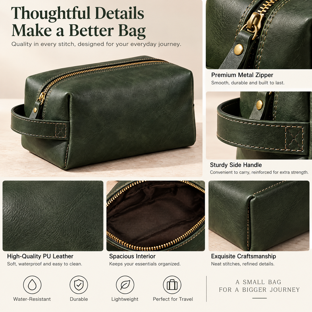 Forest Green Leather Toiletry Bag — design details