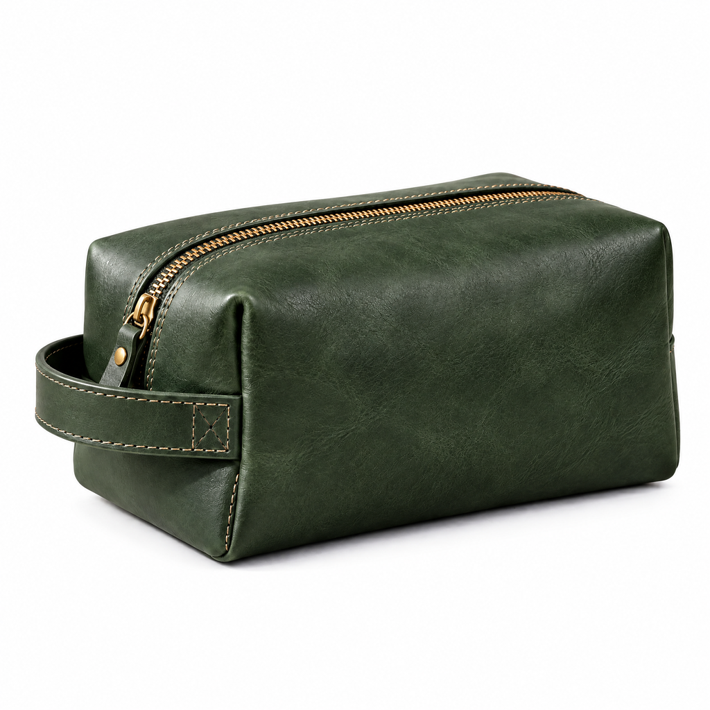Forest Green Leather Toiletry Bag — studio view